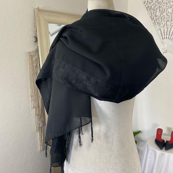 Witchy Whimsygoth Black Mesh Satin Fringe Paisley Scarf / Shawl 42 x 68" Large - Picture 4 of 6